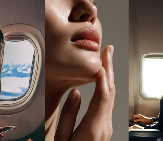 სილამაზის ხელოვნება და მოგზაურობა: ჰარმონია გზაში A beautiful woman traveler using skincare products near an airplane window.