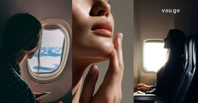 A beautiful woman traveler using skincare products near an airplane window.