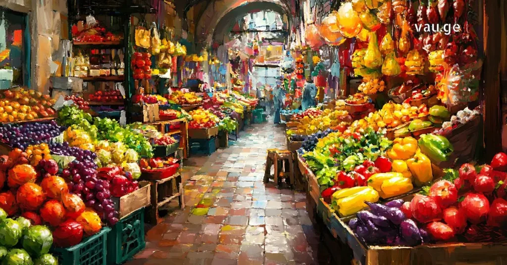 Authentic European food market with fresh local produce and street food stalls.