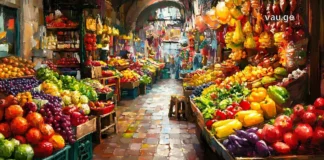 გემოვნებიანი თავგადასავალი: კულინარიული მოგზაურობის ხელოვნება და ბიუჯეტი Authentic European food market with fresh local produce and street food stalls.