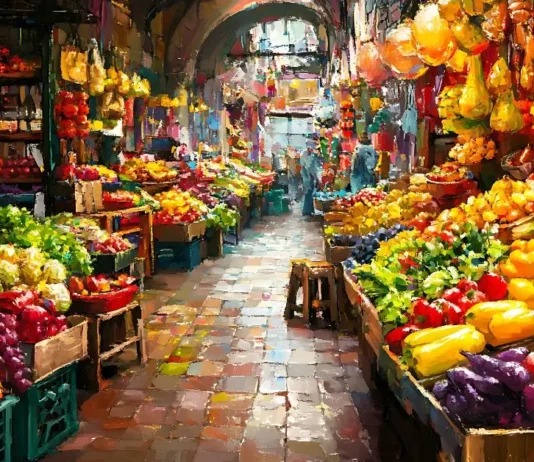 გემოვნებიანი თავგადასავალი: კულინარიული მოგზაურობის ხელოვნება და ბიუჯეტი Authentic European food market with fresh local produce and street food stalls.