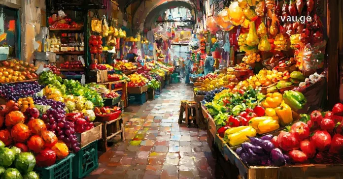 Authentic European food market with fresh local produce and street food stalls.