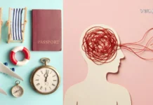 კოგნიტურ-ბიჰევიორალური თერაპია ექსპოზიციური თერაპია: რატომ არის მოგზაურობა საუკეთესო პოლიგონი? A split composition showing travel essentials (passport, plane, compass) on the left and a silhouette of a head with tangled red yarn representing messy thoughts on the right.