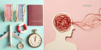 კოგნიტურ-ბიჰევიორალური თერაპია ექსპოზიციური თერაპია: რატომ არის მოგზაურობა საუკეთესო პოლიგონი? A split composition showing travel essentials (passport, plane, compass) on the left and a silhouette of a head with tangled red yarn representing messy thoughts on the right.