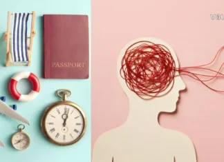 კოგნიტურ-ბიჰევიორალური თერაპია ექსპოზიციური თერაპია: რატომ არის მოგზაურობა საუკეთესო პოლიგონი? A split composition showing travel essentials (passport, plane, compass) on the left and a silhouette of a head with tangled red yarn representing messy thoughts on the right.