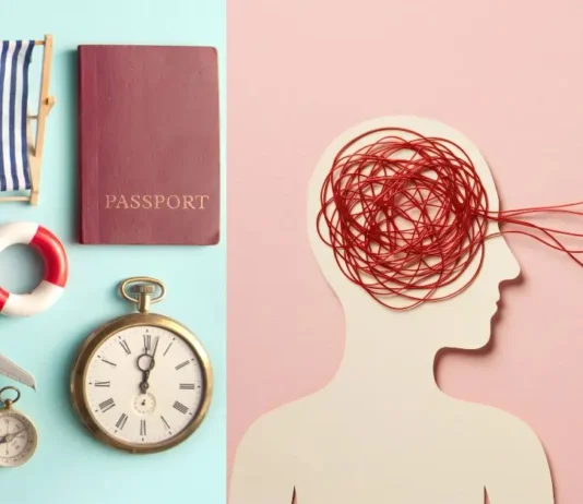 კოგნიტურ-ბიჰევიორალური თერაპია ექსპოზიციური თერაპია: რატომ არის მოგზაურობა საუკეთესო პოლიგონი? A split composition showing travel essentials (passport, plane, compass) on the left and a silhouette of a head with tangled red yarn representing messy thoughts on the right.