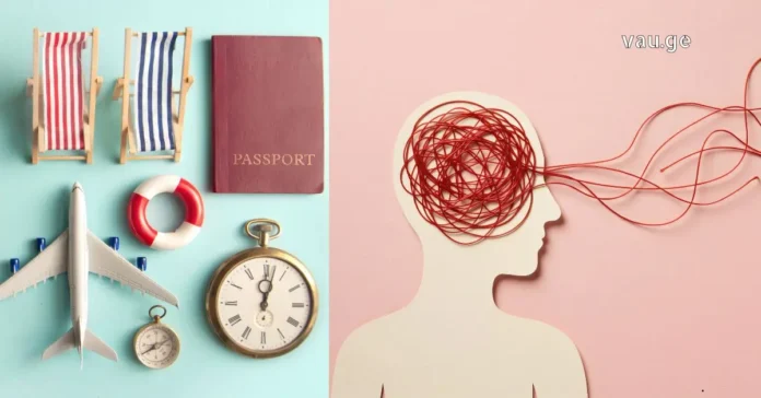 Travel as Therapy for Mental Clarity A split composition showing travel essentials (passport, plane, compass) on the left and a silhouette of a head with tangled red yarn representing messy thoughts on the right.