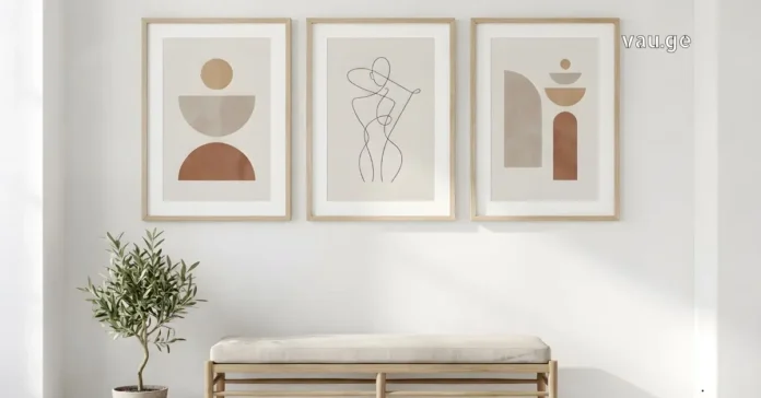 Minimalist home interior with clean white walls, a green plant, and natural wooden furniture for a cozy atmosphere.