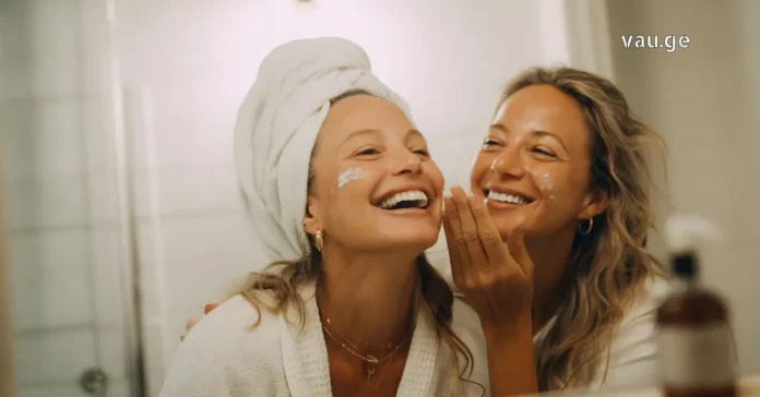 Two cheerful women applying face cream and enjoying a skincare routine together in a bathroom.
