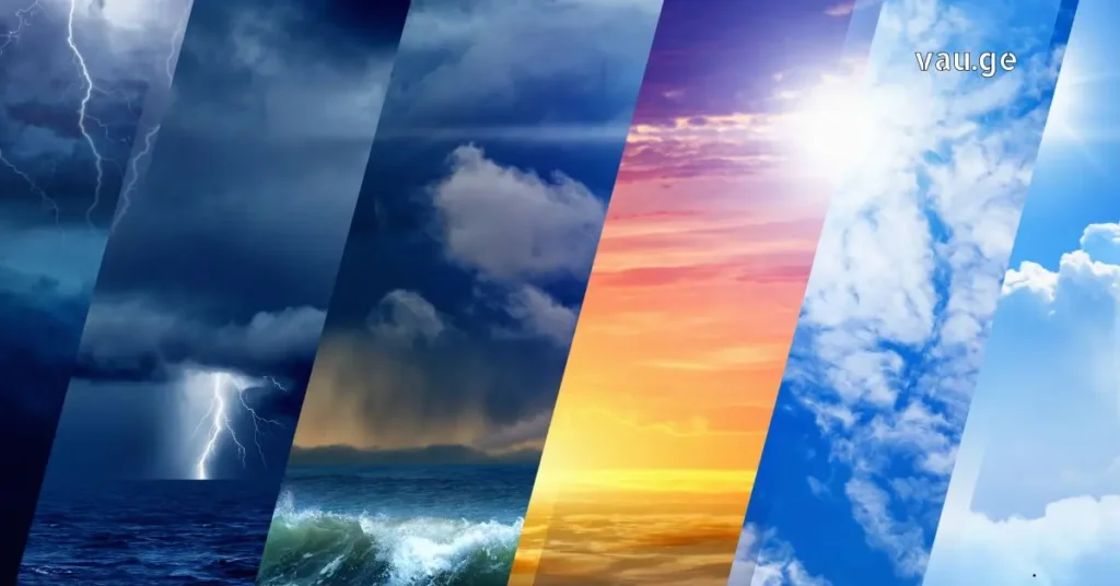 A split screen showing a sunny tropical beach vs a rainy European city street