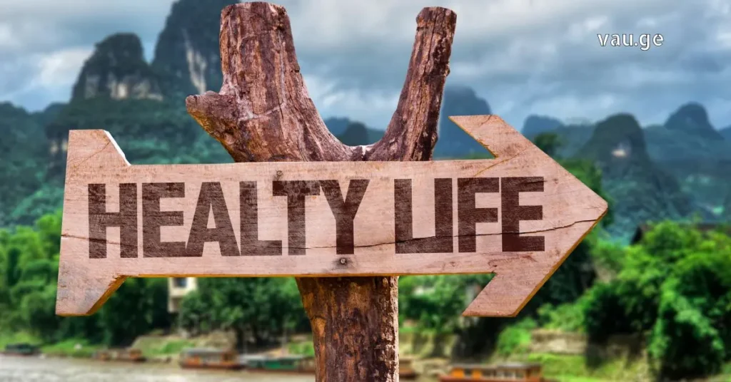 A wooden directional signpost with the text "HEALTHY LIFE" pointing right, set against a background of misty green mountains and a river.