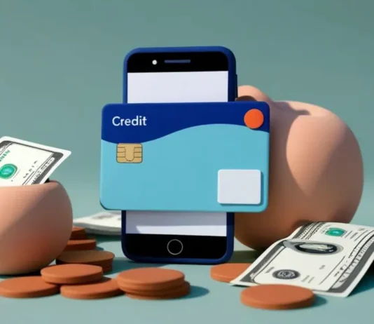 ფინანსური თავისუფლების ხელოვნება: ონლაინ კრედიტები და თანამედროვე შესაძლებლობები 3D illustration of a smartphone with a credit card, piggy bank, and cash for online credit services.