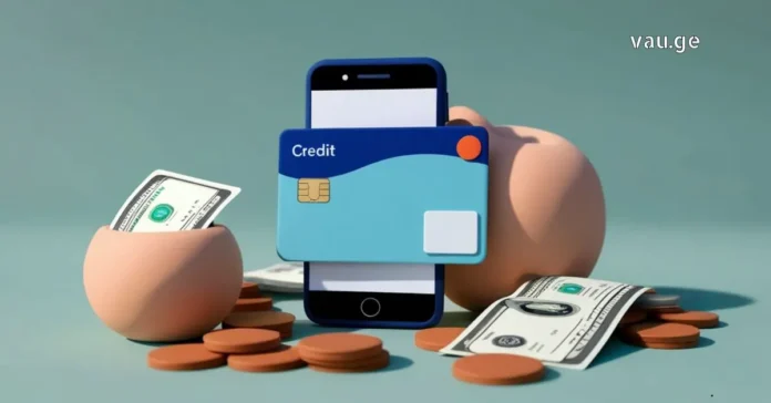 3D illustration of a smartphone with a credit card, piggy bank, and cash for online credit services.