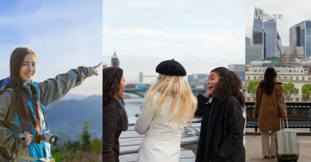 A collage of women traveling: one pointing at mountains, a group of friends laughing by a river in London, and a traveler with a suitcase walking towards a cityscape.