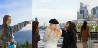 მოულოდნელი ფაქტები ჯგუფური მოგზაურობის შესახებ A collage of women traveling: one pointing at mountains, a group of friends laughing by a river in London, and a traveler with a suitcase walking towards a cityscape.