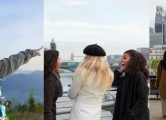 მოულოდნელი ფაქტები ჯგუფური მოგზაურობის შესახებ A collage of women traveling: one pointing at mountains, a group of friends laughing by a river in London, and a traveler with a suitcase walking towards a cityscape.