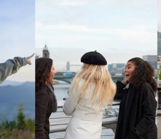 მოულოდნელი ფაქტები ჯგუფური მოგზაურობის შესახებ A collage of women traveling: one pointing at mountains, a group of friends laughing by a river in London, and a traveler with a suitcase walking towards a cityscape.