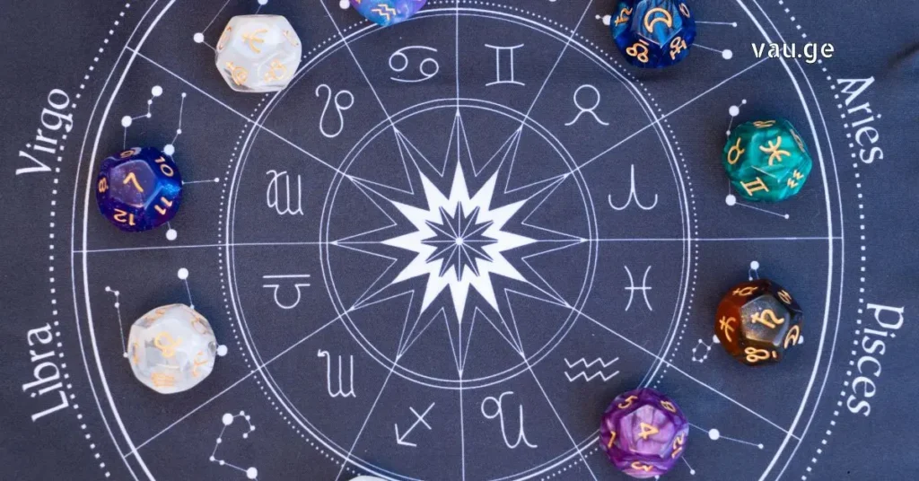 Top view of a dark blue astrological zodiac wheel chart with colorful dice featuring celestial symbols.