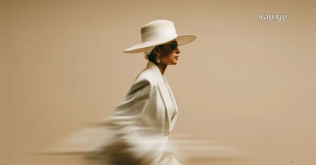 A woman in a stylish white suit and wide-brimmed hat walking fast, motion blur effect, minimalist fashion concept.