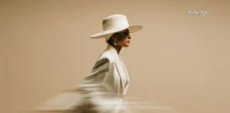მოდის ახალი ერა: როგორ გარდაქმნის მოგზაურობა ჩვენს სტილს A woman in a stylish white suit and wide-brimmed hat walking fast, motion blur effect, minimalist fashion concept.
