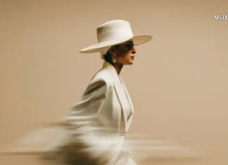 მოდის ახალი ერა: როგორ გარდაქმნის მოგზაურობა ჩვენს სტილს A woman in a stylish white suit and wide-brimmed hat walking fast, motion blur effect, minimalist fashion concept.