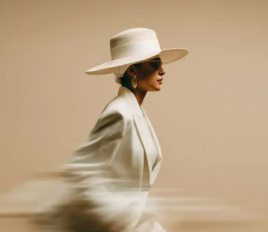 მოდის ახალი ერა: როგორ გარდაქმნის მოგზაურობა ჩვენს სტილს A woman in a stylish white suit and wide-brimmed hat walking fast, motion blur effect, minimalist fashion concept.