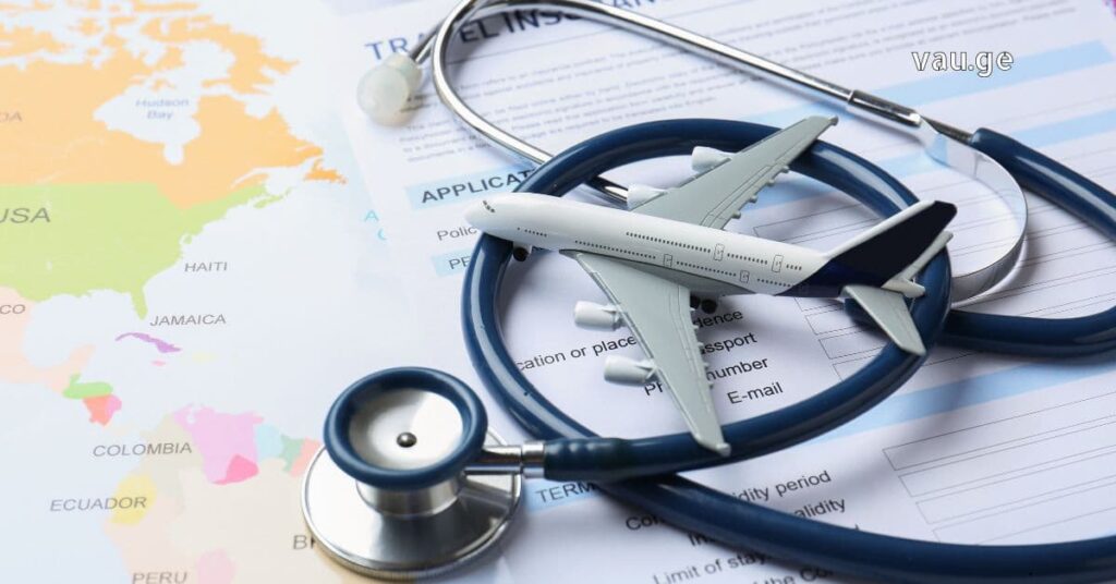 Stethoscope on a world map with a passport and airplane icons representing medical tourism.