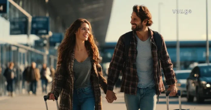 A happy young couple holding hands and pulling suitcases while walking through an airport terminal.