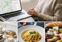გემოების ძიებაში: ევროპული გასტრონომიული თავგადასავლის დაგეგმვა Traveler using laptop to book on austrian.ge with collage of European food.
