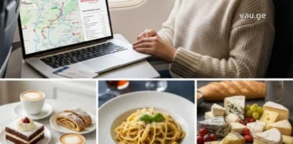 გემოების ძიებაში: ევროპული გასტრონომიული თავგადასავლის დაგეგმვა Traveler using laptop to book on austrian.ge with collage of European food.