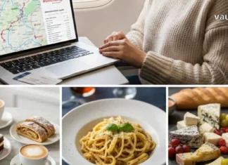 გემოების ძიებაში: ევროპული გასტრონომიული თავგადასავლის დაგეგმვა Traveler using laptop to book on austrian.ge with collage of European food.