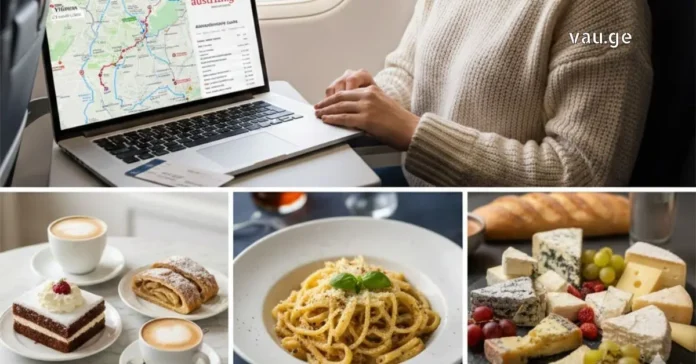 Traveler using laptop to book on austrian.ge with collage of European food.
