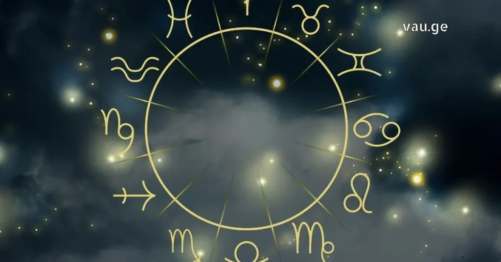 Zodiac wheel with astrology signs on a starry night sky background.