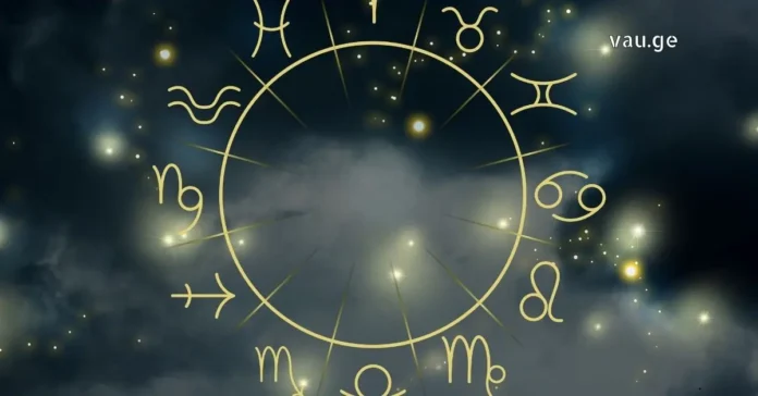 Zodiac wheel with astrology signs on a starry night sky background.