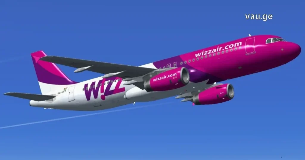 A side profile view of a Wizz Air Airbus A320 aircraft with its white, purple, and magenta livery, parked on the airport tarmac under a clear blue sky.